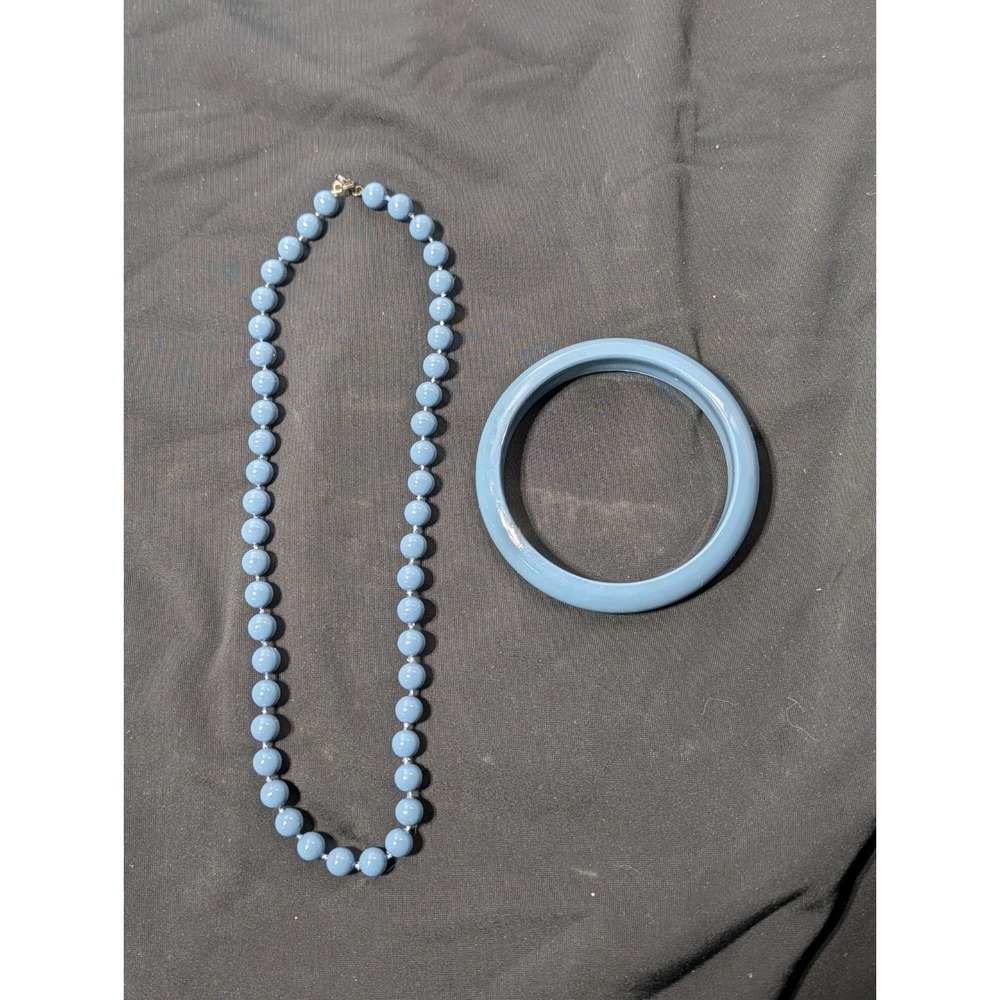 Vintage-Inspired Blue Bangle Bracelet and Matching Beaded Necklace Set